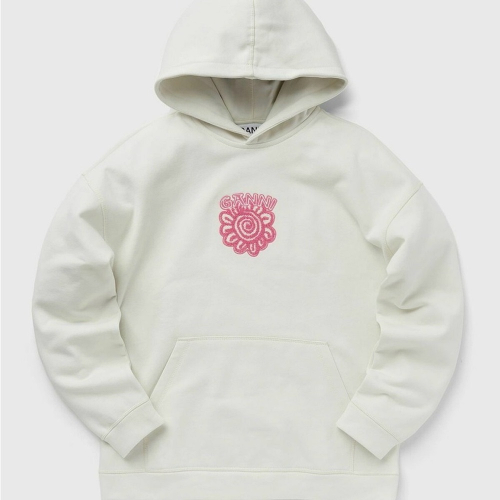 Ganni Cream Sweatshirt with Pink Embroidery